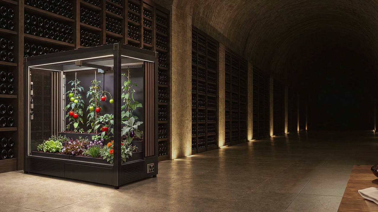 Film poster: Verdwell One in the Cellar finish among oak wine racks in a vaulted cellar, its garden glowing behind the glass.