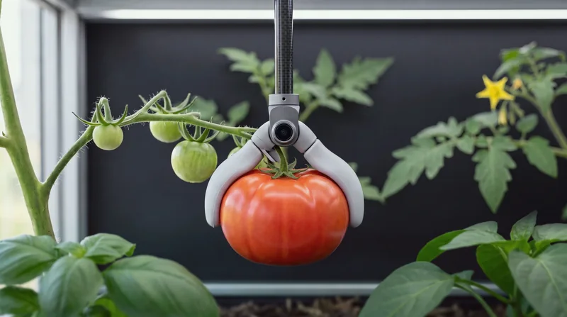 Close view inside Verdwell One: on a carbon tube, the tool head's two soft pale-gray pads cup a ripe red tomato that still hangs from its truss, with a small lens in the wrist above it.