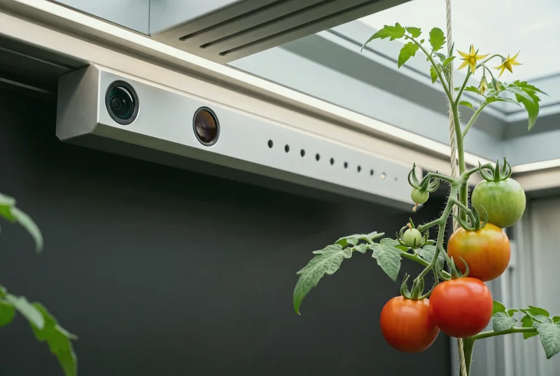Close view under the roof inside Verdwell One: a brushed-aluminum bar on the back beam with two lenses and a row of pinhole ports, beside a tomato truss with red, turning and green fruit and yellow flowers. Daylight glass above.
