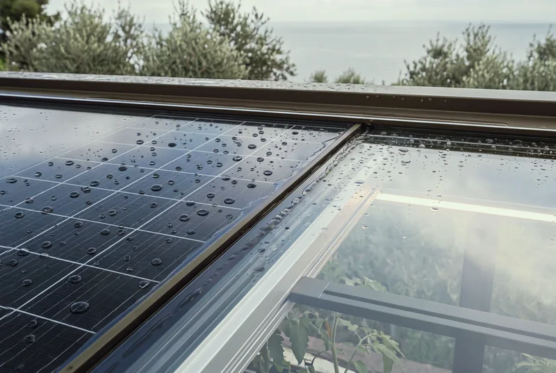 Rain beading on the roof of Verdwell One in the Terrace finish: a solar-cell cassette with its fine cell grid beside a clear daylight cassette, framed in dark bronze, with tomato leaves under the glass and olive trees and the sea beyond.