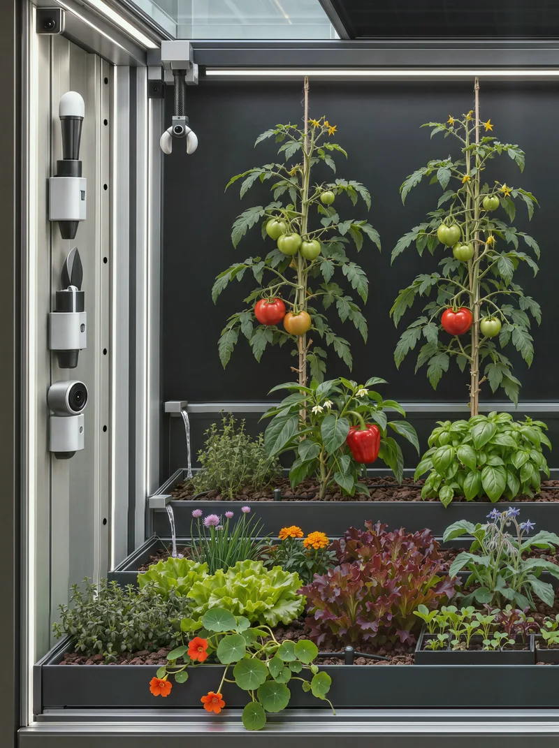 Inside Verdwell One, seen through the glass. Two tomato plants on cords carry green and ripening fruit and yellow flowers. Below them, the middle bed holds thyme, a pepper with a red fruit and basil, and the front bed holds lettuces, chives, marigolds, borage, a tray of seedlings and a nasturtium spilling over the edge. Water falls in thin ribbons from small spouts, bed to bed. Three spare tools are docked on the post at the left, and the tool head waits under the roof.