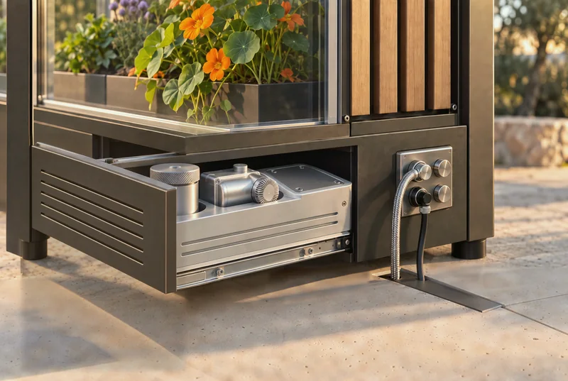 The right side of Verdwell One's plinth in the Terrace finish. The utility core slides out on telescopic rails, carrying a filter canister and a pump behind its vented end plate. Beside it, a coupling block with four round couplings takes a braided water hose and a power and data cable from a flush floor plate. Thermo-ash fins and nasturtiums above.