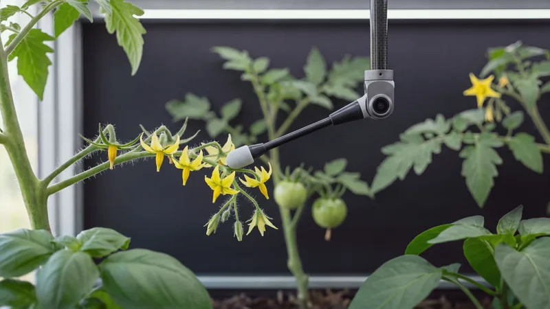 Close view inside Verdwell One: the slim pollinator wand on the graphite wrist touches its soft pale tip to a truss of open yellow tomato flowers; small green tomatoes hang behind.
