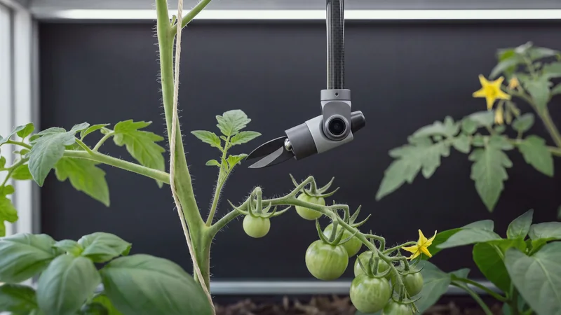 Close view inside Verdwell One: small shrouded snips on the graphite wrist approach a young side shoot between a tomato's main stem, tied to a cord, and a leaf branch; green tomatoes hang below.