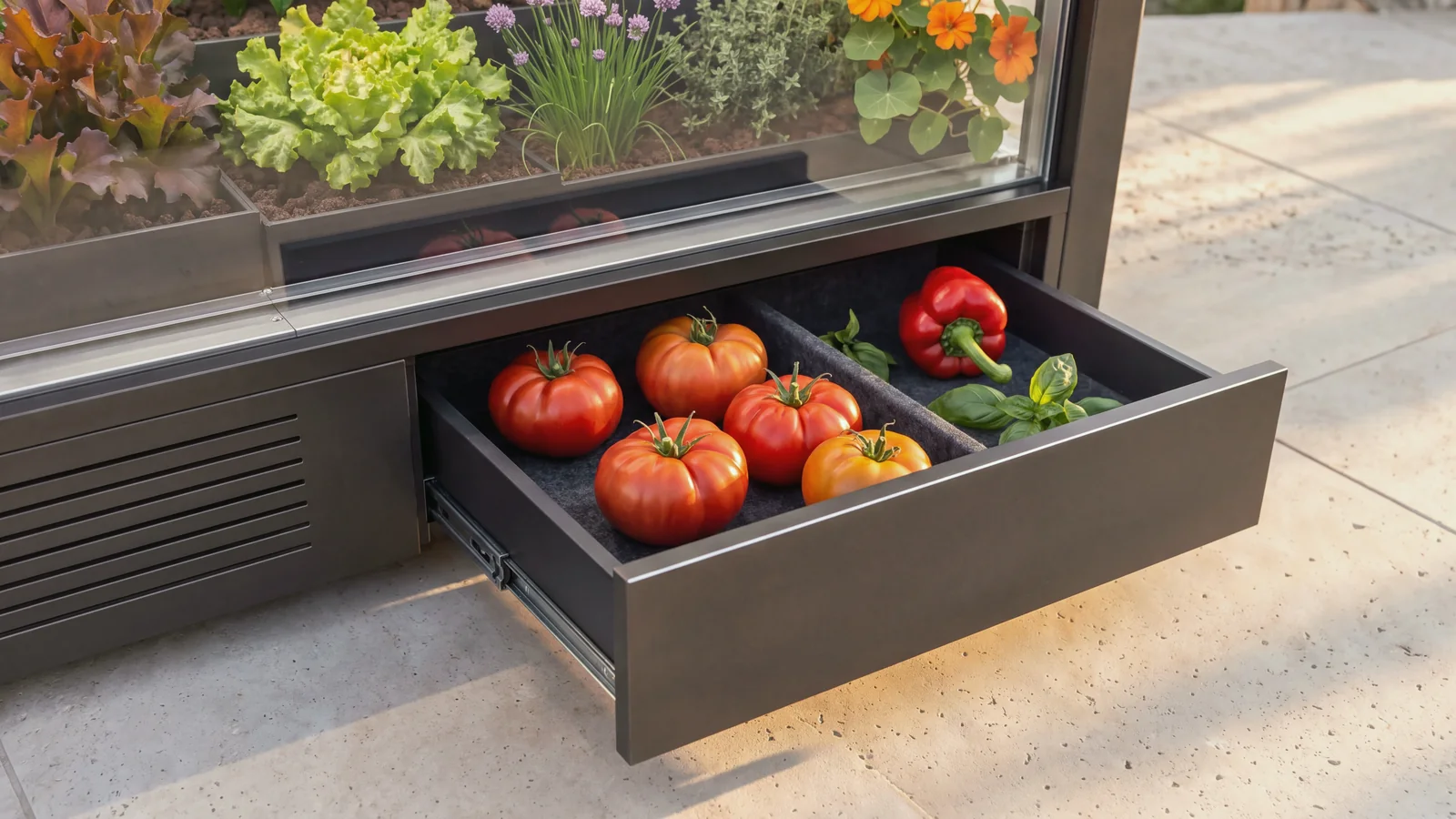 The harvest drawer of Verdwell One pulled open from the plinth on a stone terrace in late-afternoon sun. On a charcoal felt liner with padded dividers lie ripe red tomatoes with green calyxes, a turning orange tomato, a red bell pepper and sprigs of basil. Lettuces, chives and nasturtiums grow behind the glass above.
