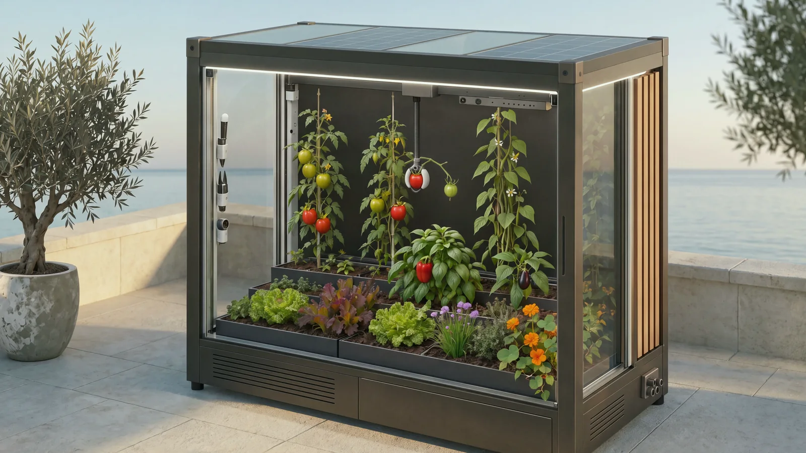 Verdwell One in the Terrace finish, dark bronze with thermo-ash fins, on pale limestone paving above a calm sea in early-evening light, seen from slightly above so the roof of solar-cell and daylight glass shows. A potted olive tree stands beside it. Behind the glass, tomatoes on cords rise over a pepper, basil, lettuces and marigolds, and the tool head holds a ripe tomato.