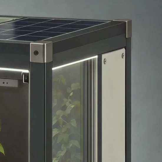 The same corner in the Expedition finish: titanium corner block on a graphite frame, a solar-cell roof cassette and a pale ceramic side panel with titanium fasteners.