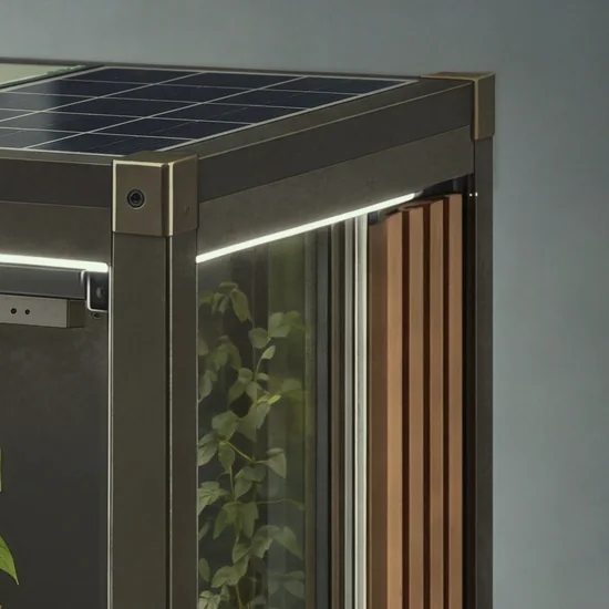 The same corner in the Terrace finish: dark bronze corner block, a solar-cell roof cassette and thermo-ash fins.