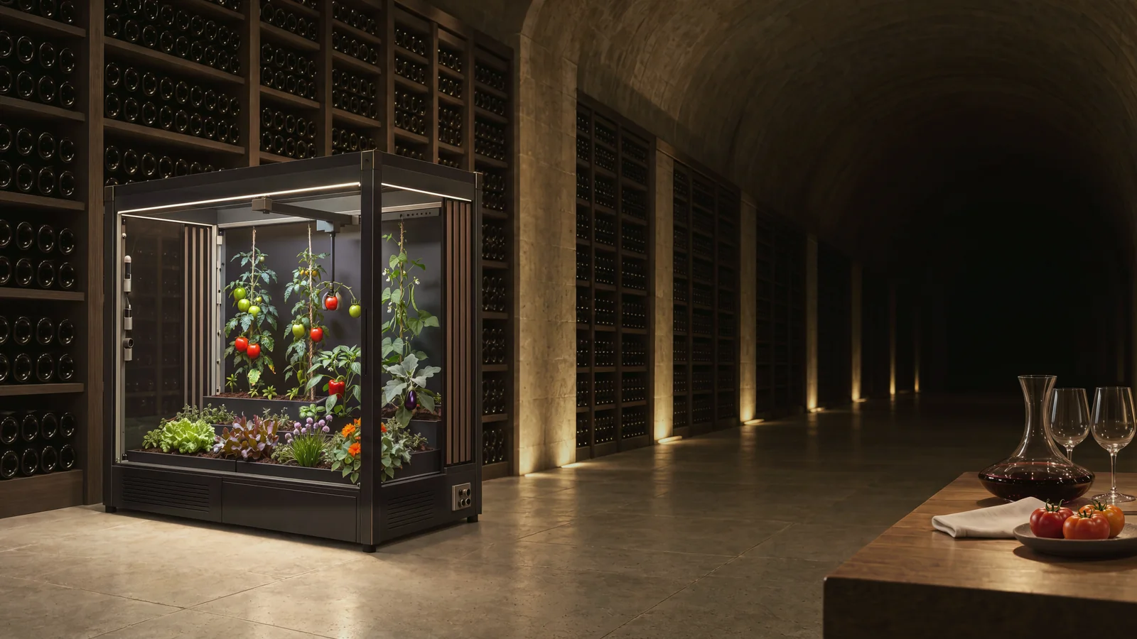 Verdwell One in the Cellar finish, black bronze with fumed-oak fins, standing between oak wine racks in a vaulted stone cellar. Its garden glows behind the glass: tomatoes on cords, a pepper, lettuces, chives and marigolds in front, and the tool head holding a ripe tomato. On a table at the right stand a decanter of red wine, two glasses and a plate of tomatoes.