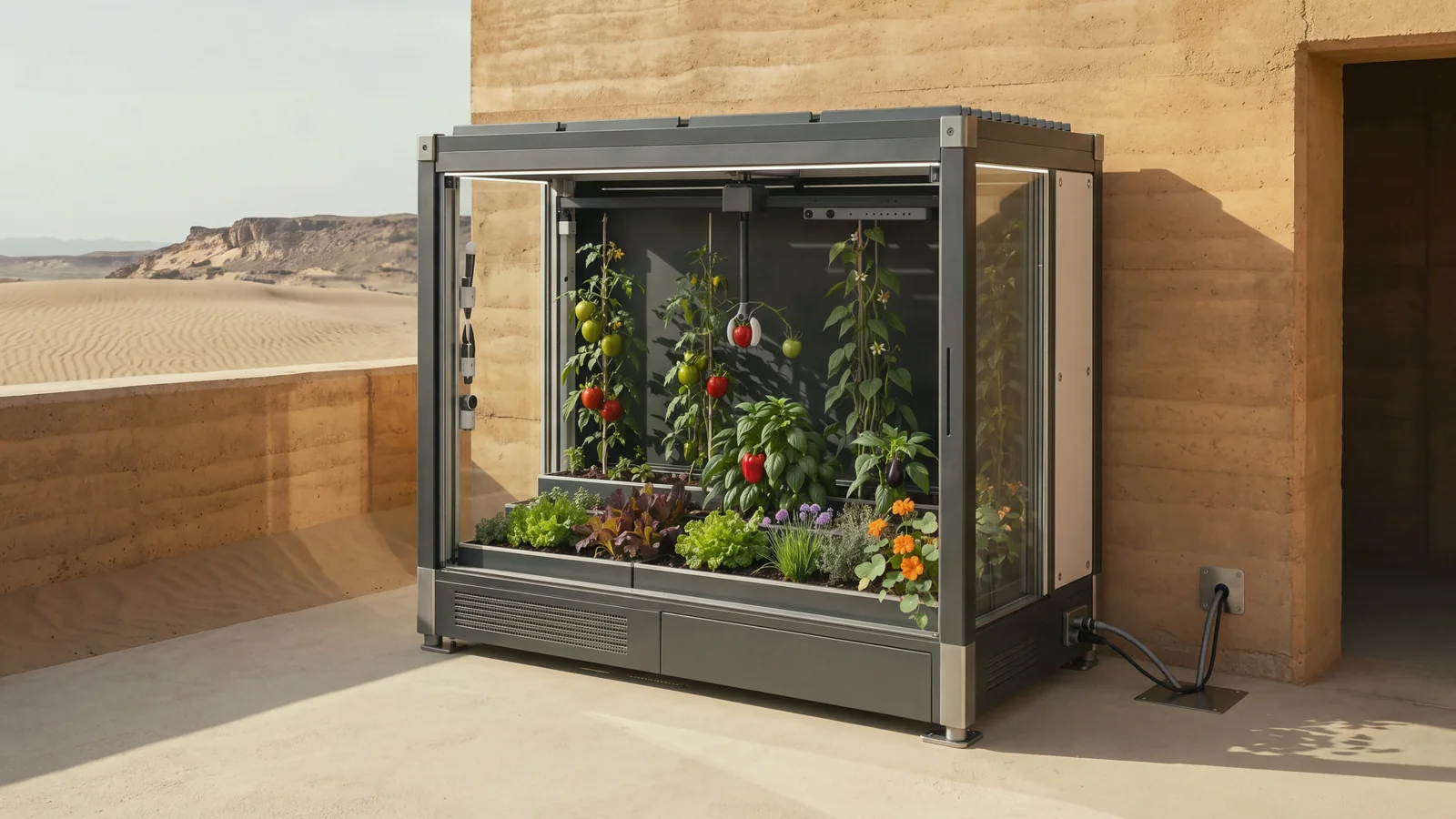 Verdwell One in the Expedition finish, a graphite frame with titanium corner blocks and a pale ceramic side panel, in the courtyard of a desert house against a rammed-earth wall in late-afternoon sun. A low wall at the left opens onto dunes and a rocky ridge. A power cable and a water line run from its coupling block to a floor plate and a socket in the wall. Tomatoes, peppers, lettuces and marigolds grow behind its glass.