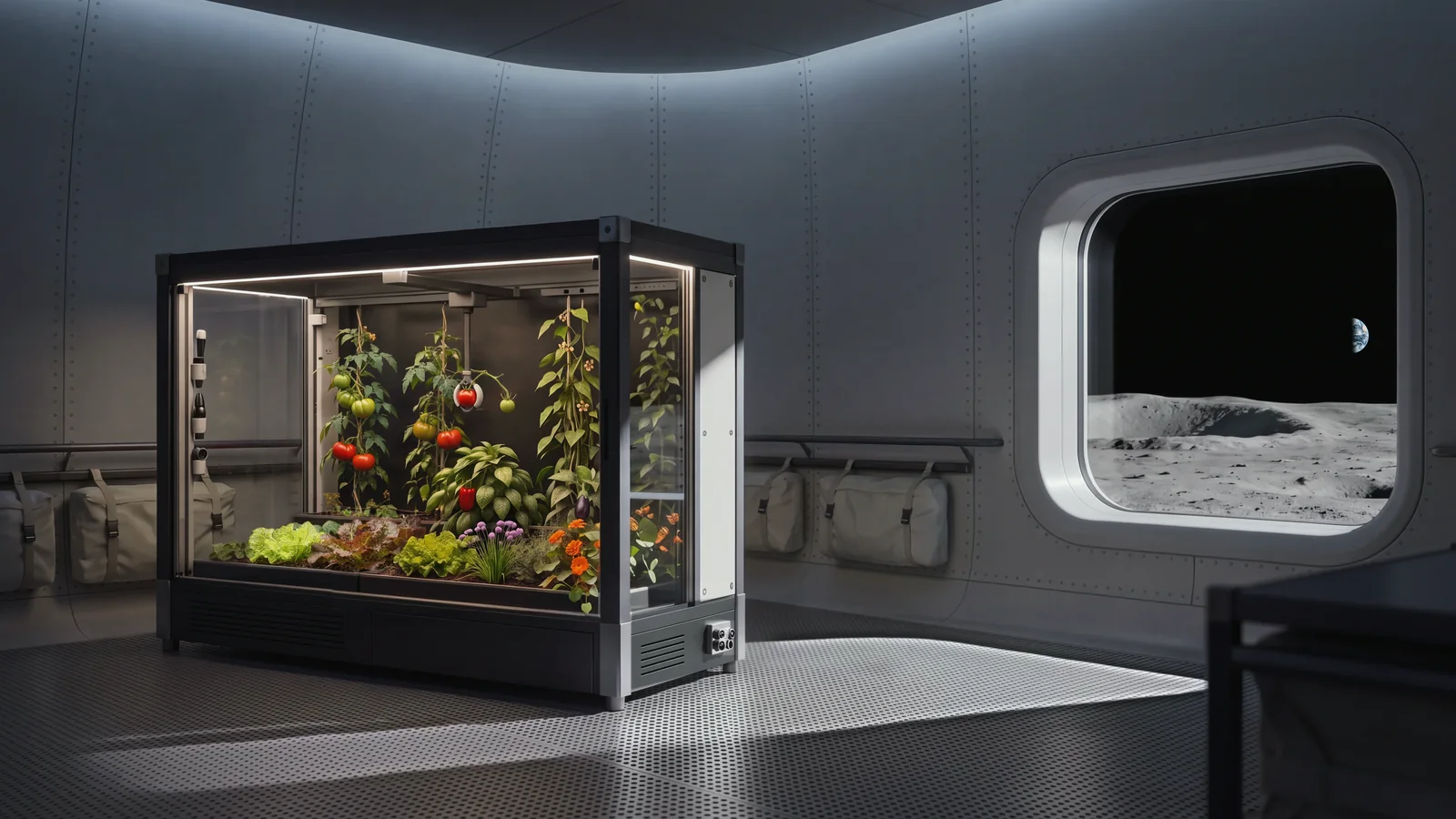 Verdwell One in the Expedition finish inside a lunar habitat module, its garden lit behind the glass beside stowage bags on the module wall. Through a rounded viewport, the gray lunar surface and a small Earth in a black sky.