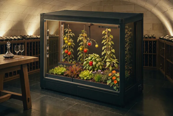 Verdwell One in the Cellar finish in a vaulted stone wine cellar: black bronze frame, opaque light-tight roof, dark oak fins on the side, the garden glowing warm behind faintly bronze-tinted glass, with oak wine racks and a tasting table behind.