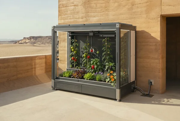 Verdwell One in the Expedition finish in a desert-house courtyard against a rammed-earth wall: graphite frame, titanium corner blocks and post sleeves, a pale ceramic side panel and a louvred roof, connected to a floor plate and a wall socket.