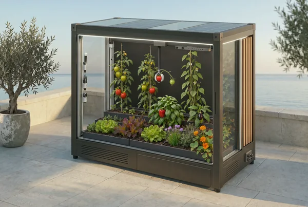 Verdwell One in the Terrace finish on a limestone terrace above the sea: dark bronze frame, thermo-ash fins, a roof of solar-cell and daylight glass, beside a potted olive tree.