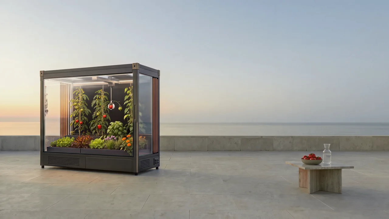 Verdwell One on a stone terrace above the sea at dusk: a dark bronze frame and clear glass around a layered garden of tomatoes on cords, a pepper, basil, lettuces, chives and marigolds, with the tool head under the roof holding a ripe tomato. The film loop then shows the same machine among oak racks in a vaulted wine cellar and against a rammed-earth wall at a desert house.