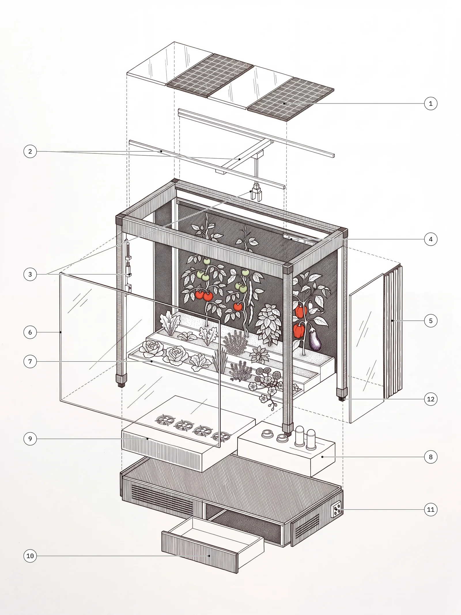 An exploded pen-and-ink drawing of Verdwell One with twelve numbered parts: the roof cassettes and the traverse with its tool head at the top; the frame with the tool dock, the vision bar, the glass, the trim cassettes and the stepped beds of the garden in the middle; the utility core, the climate and power module, the plinth with its harvest drawer, the coupling block and the leveling feet at the bottom.