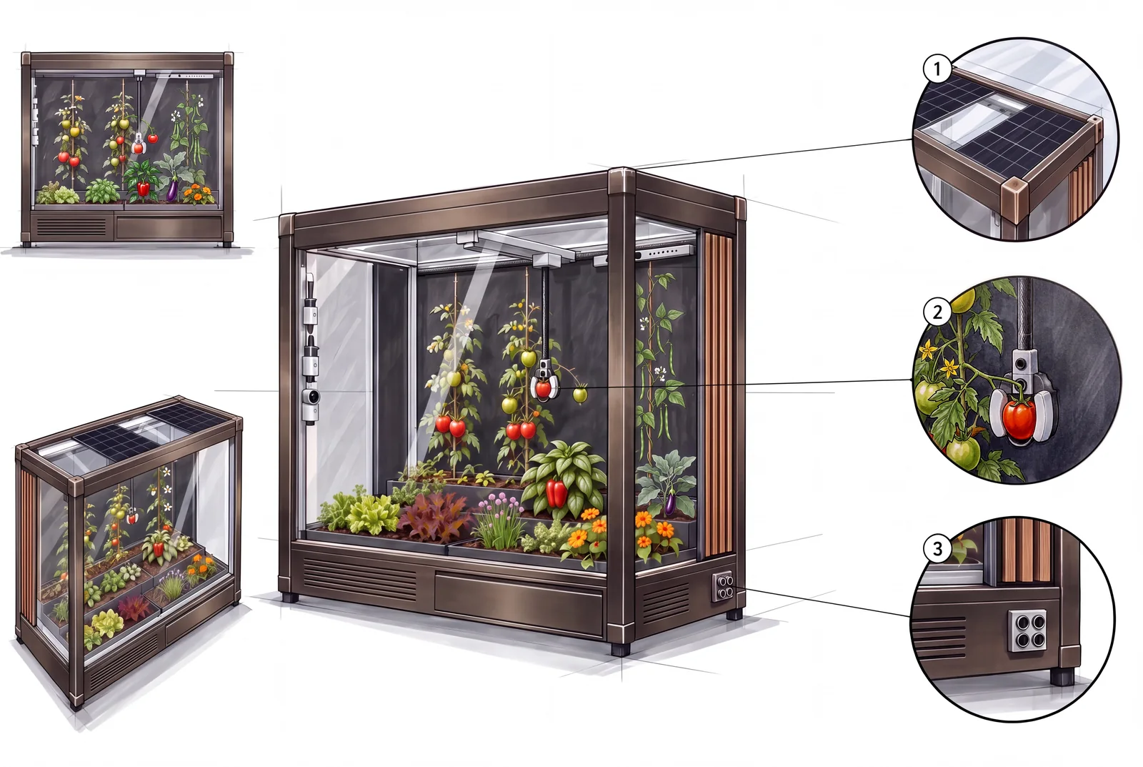 A design sketch sheet of Verdwell One: a large three-quarter view of the machine with its garden, a front elevation, a raised view onto the roof cassettes, and three circled details: 1, a roof cassette corner; 2, the tool head holding a tomato on its truss; 3, the coupling block with side vents and a leveling foot.
