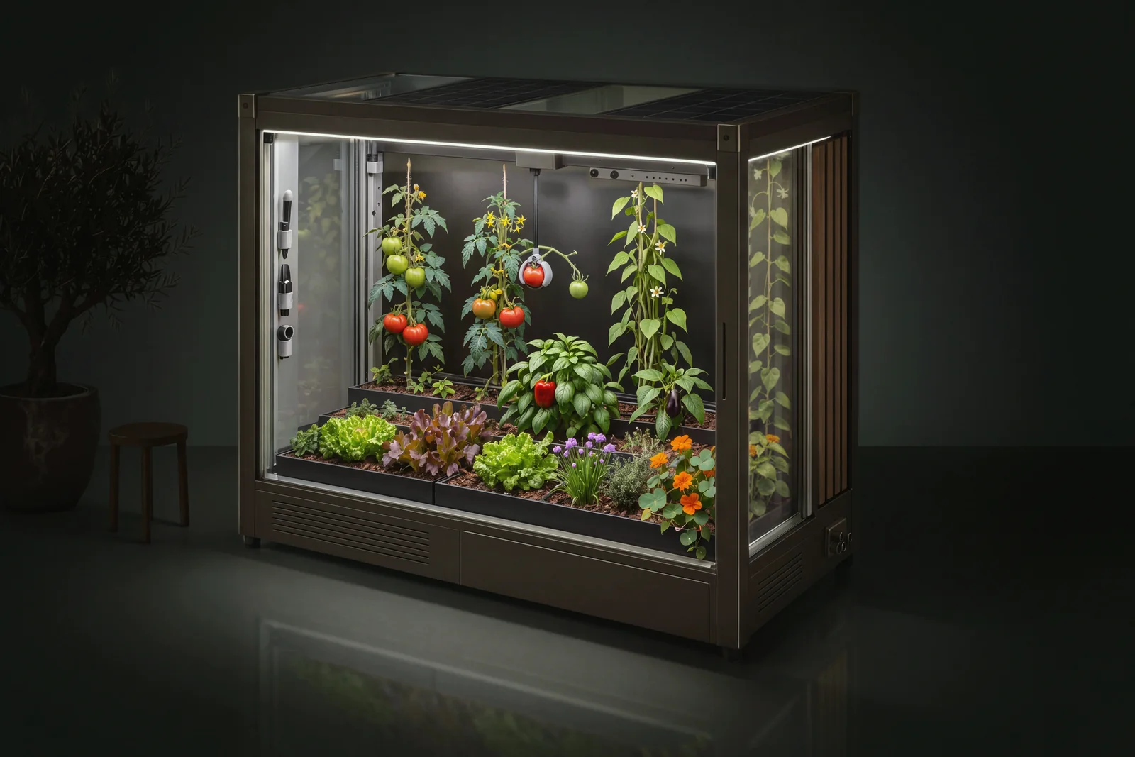 Verdwell One in the Terrace finish in a dark studio, lit from within. A dark bronze frame holds one clear glass front, a light line runs under the top beam, and the roof alternates daylight glass and solar-cell glass. Inside, tomato plants climb cords above a pepper and basil, with lettuces, chives, thyme, marigolds and a nasturtium in front. The tool head holds a ripe tomato, and three spare tools are docked on the left post. Below runs a plinth with a vent field and a flush drawer. A small olive tree and a stool stand to the left.