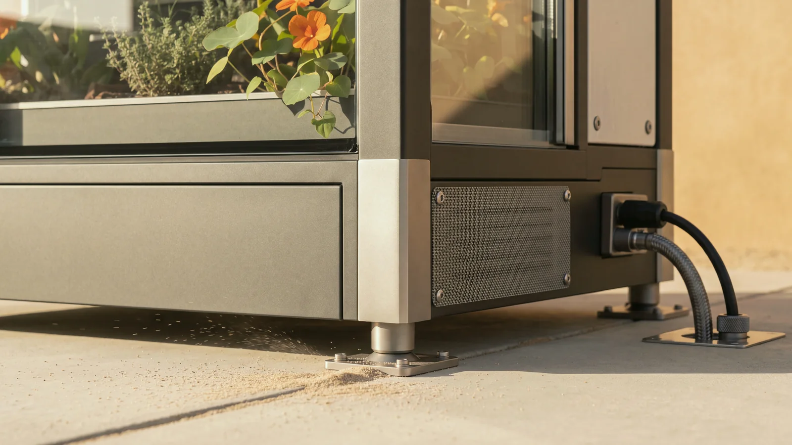 The lower front-right corner of Verdwell One in the Expedition finish on a desert courtyard slab in low sun: a titanium post sleeve, a leveling foot on a titanium anchor plate bolted to the slab, a stainless mesh dust screen over the vents, and a braided water hose and power cable dropping from the coupling block into a floor plate. Fine sand lies against the anchor plate.